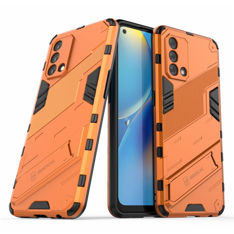 PC + TPU Shockproof Hybrid Phone Back Case Cover with Foldable Kickstand for Oppo A74 4G - Orange