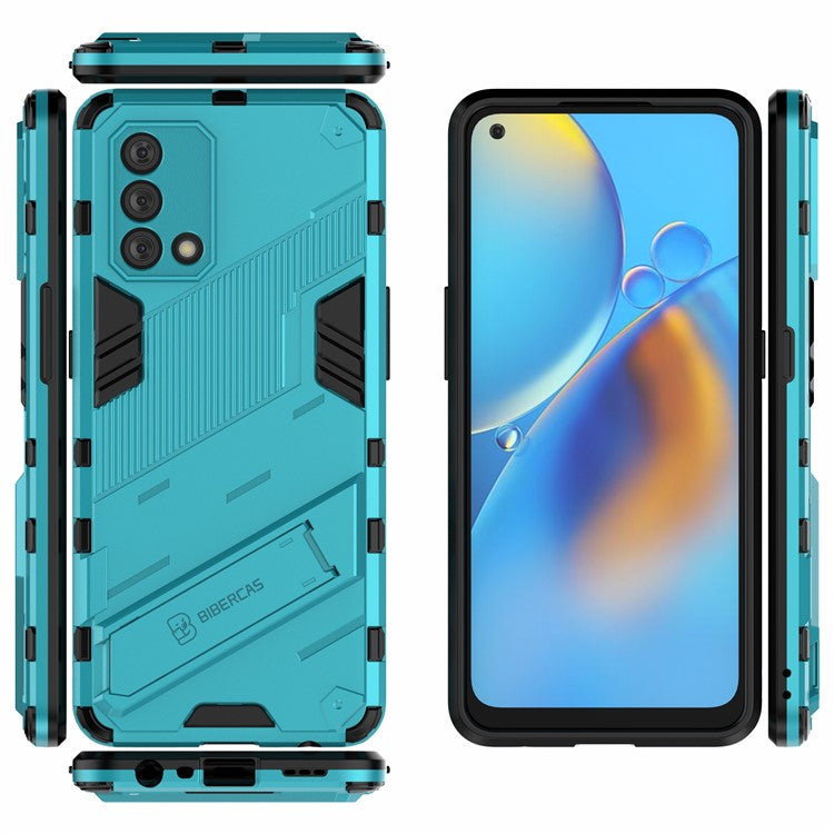 PC + TPU Shockproof Hybrid Phone Back Case Cover with Foldable Kickstand for Oppo A74 4G - Baby Blue