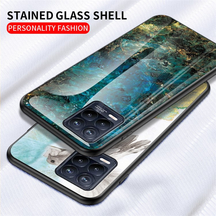 Marbling Pattern Tempered Glass Protective Case Back Cover for Realme 8/8 Pro - Gold Black Marble