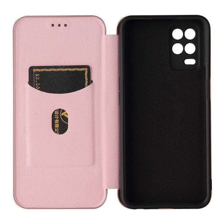 Auto-absorbed Carbon Fiber Leather Card Holder Case for Realme 8 5G/V13 5G/Narzo 30 5G/Q3i 5G/Q3 5G - Rose Gold