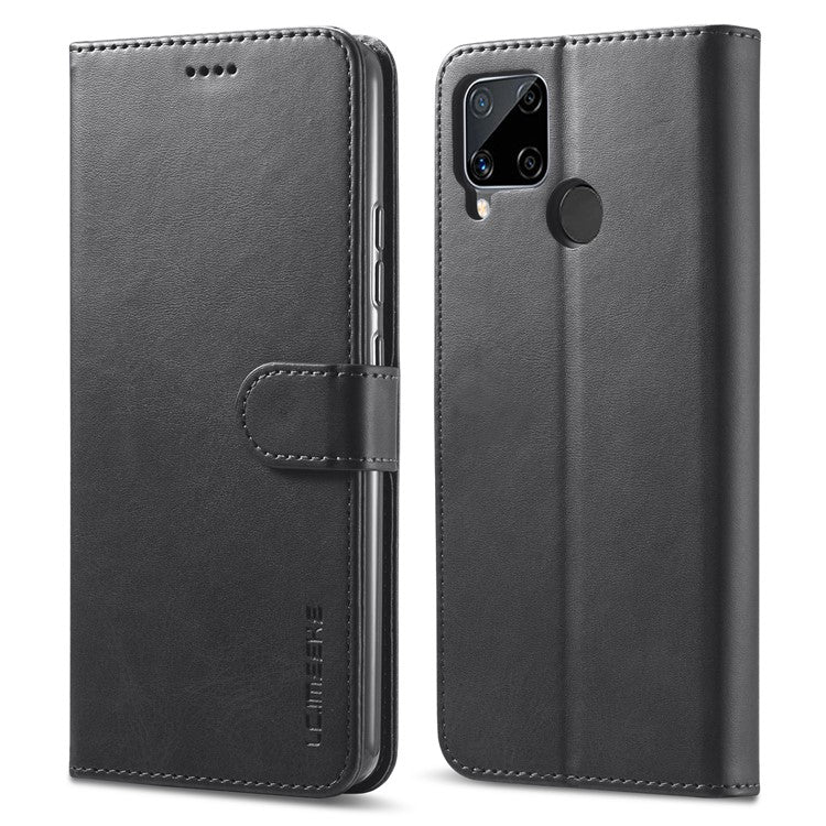 LC.IMEEKE Wallet Stand Design Phone Full Protection Leather Shell Case for Realme C15/C12/C25 - Black