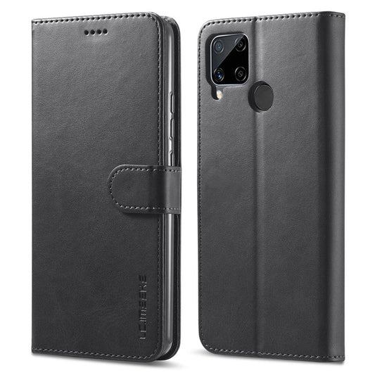 LC.IMEEKE Wallet Stand Design Phone Full Protection Leather Shell Case for Realme C15/C12/C25 - Black