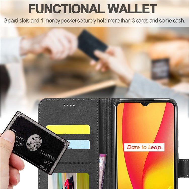LC.IMEEKE Wallet Stand Design Phone Full Protection Leather Shell Case for Realme C15/C12/C25 - Black