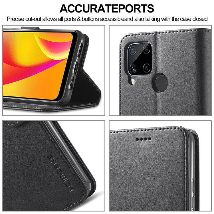 LC.IMEEKE Wallet Stand Design Phone Full Protection Leather Shell Case for Realme C15/C12/C25 - Black