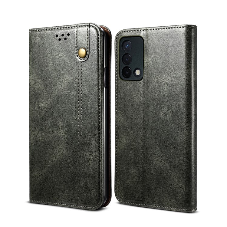 Oil Wax Surface PU Leather + Inner Soft TPU Phone Cover Case with Wallet Stand for Oppo F19/A74 4G - Green