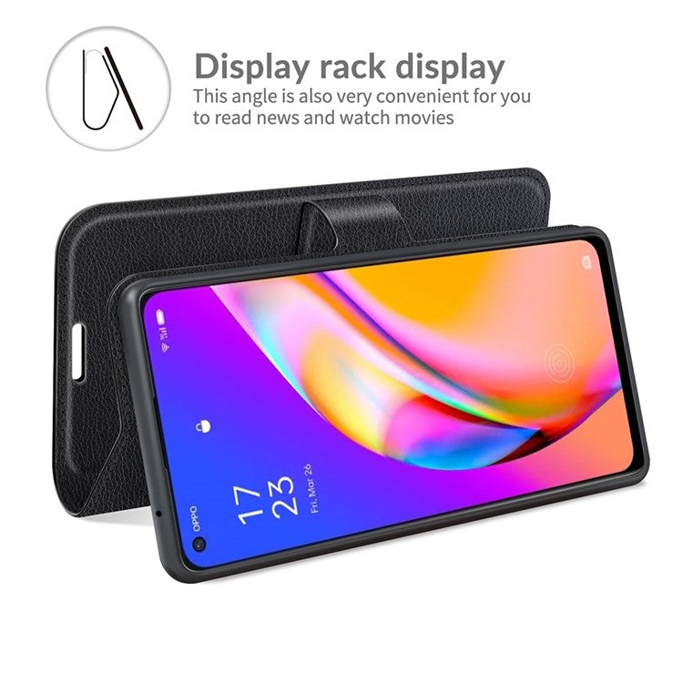 Wallet Design Litchi Texture Leather Phone Case Folio Flip Cover with Stand for Oppo A94 5G - Black