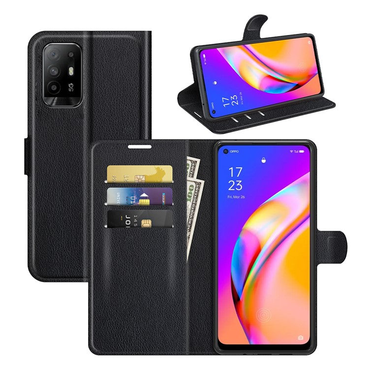 Wallet Design Litchi Texture Leather Phone Case Folio Flip Cover with Stand for Oppo A94 5G - Black