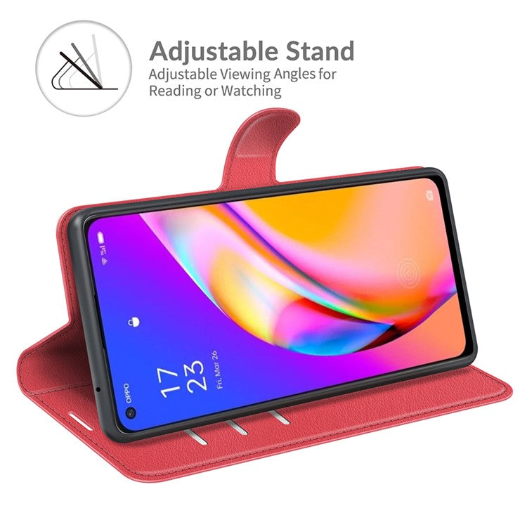 Wallet Design Litchi Texture Leather Phone Case Folio Flip Cover with Stand for Oppo A94 5G - Red