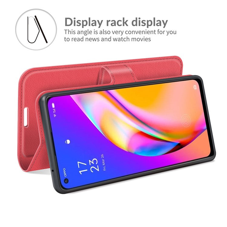 Wallet Design Litchi Texture Leather Phone Case Folio Flip Cover with Stand for Oppo A94 5G - Red