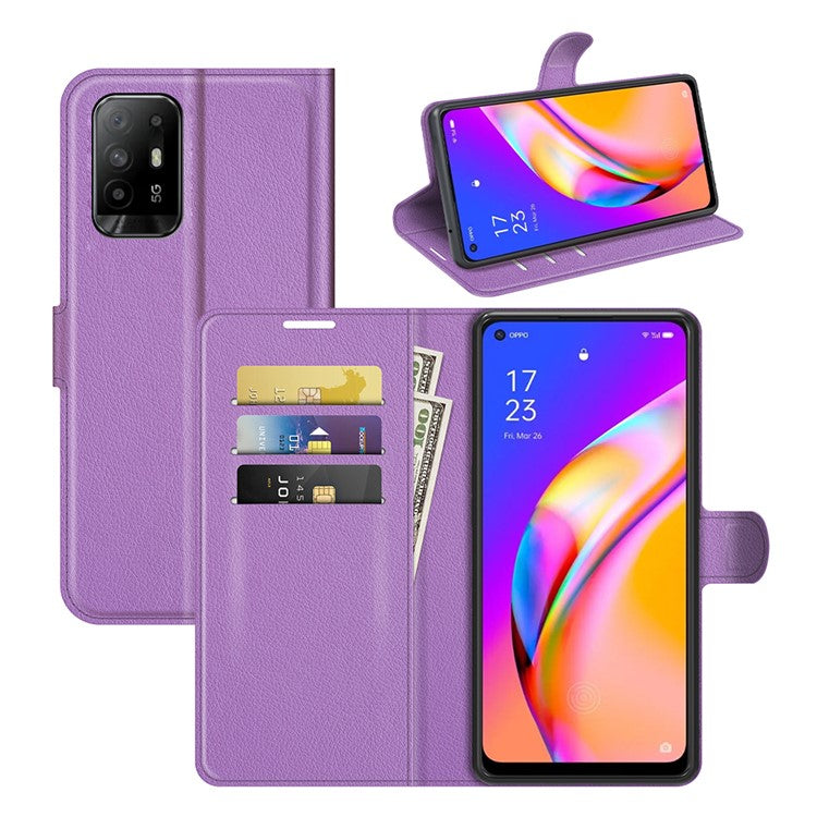 Wallet Design Litchi Texture Leather Phone Case Folio Flip Cover with Stand for Oppo A94 5G - Purple