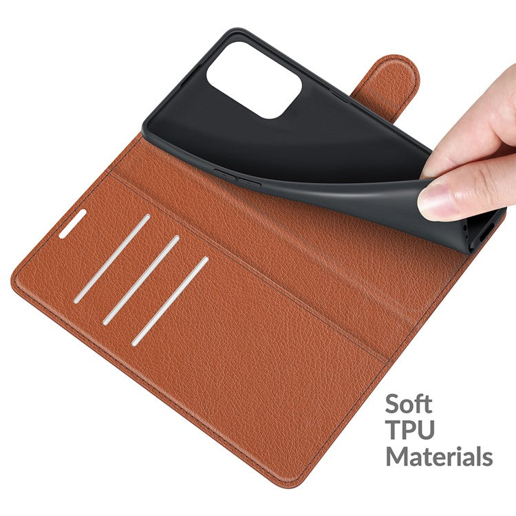Wallet Design Litchi Texture Leather Phone Case Folio Flip Cover with Stand for Oppo A94 5G - Brown