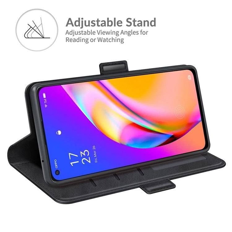 PU Leather Wallet Stand Double Clasp Magnetic Closure Phone Case Shell for Oppo A94 5G - Black
