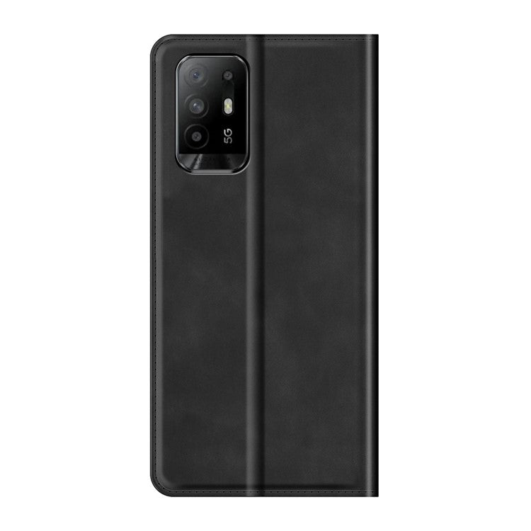 Skin-touch Leather Cover Auto-Absorbed Protective Case with Wallet Stand for Oppo A94 5G - Black