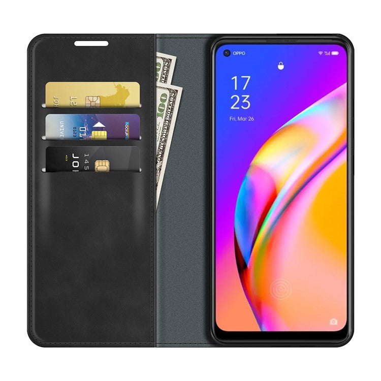 Skin-touch Leather Cover Auto-Absorbed Protective Case with Wallet Stand for Oppo A94 5G - Black
