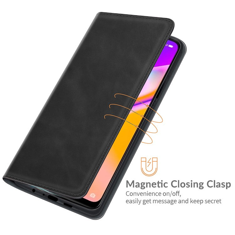 Skin-touch Leather Cover Auto-Absorbed Protective Case with Wallet Stand for Oppo A94 5G - Black