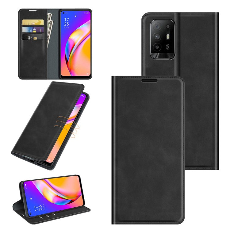 Skin-touch Leather Cover Auto-Absorbed Protective Case with Wallet Stand for Oppo A94 5G - Black