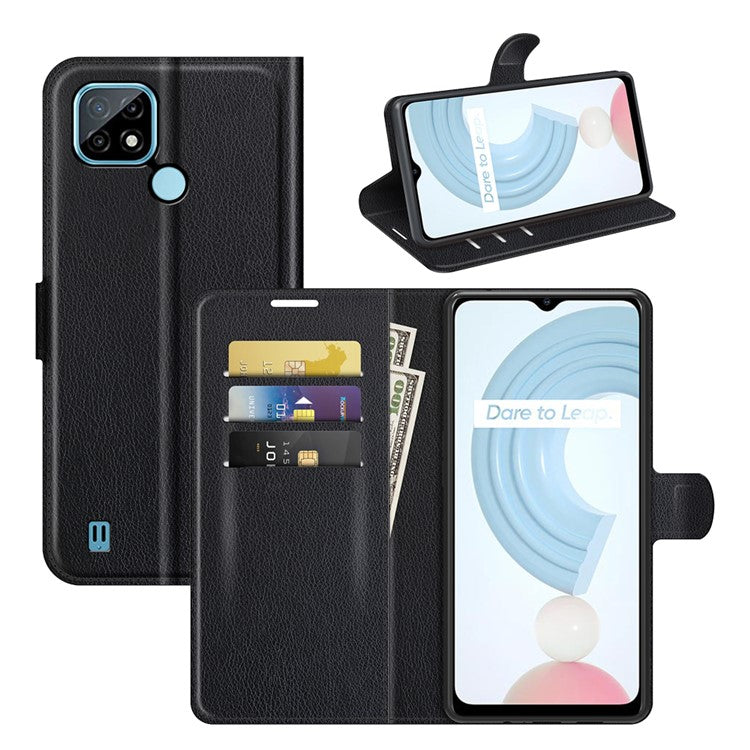 Wallet Design Litchi Texture Leather Phone Case Folio Flip Cover with Stand for Realme C21 - Black