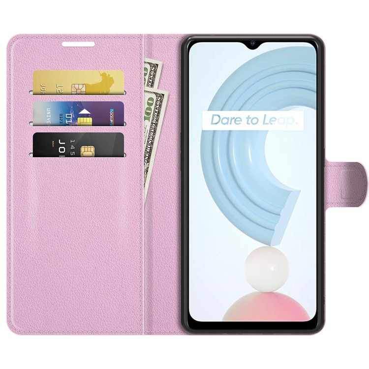 Wallet Design Litchi Texture Leather Phone Case Folio Flip Cover with Stand for Realme C21 - Pink