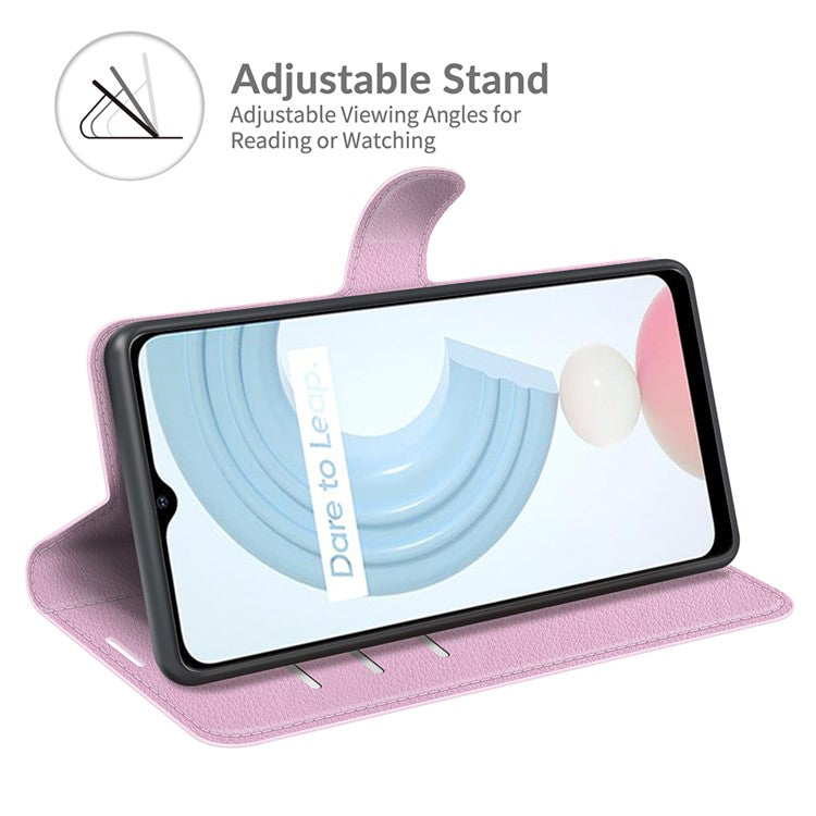 Wallet Design Litchi Texture Leather Phone Case Folio Flip Cover with Stand for Realme C21 - Pink