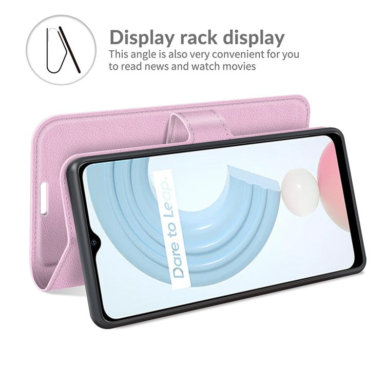 Wallet Design Litchi Texture Leather Phone Case Folio Flip Cover with Stand for Realme C21 - Pink