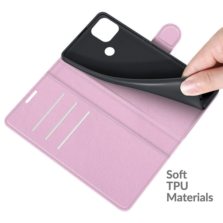 Wallet Design Litchi Texture Leather Phone Case Folio Flip Cover with Stand for Realme C21 - Pink
