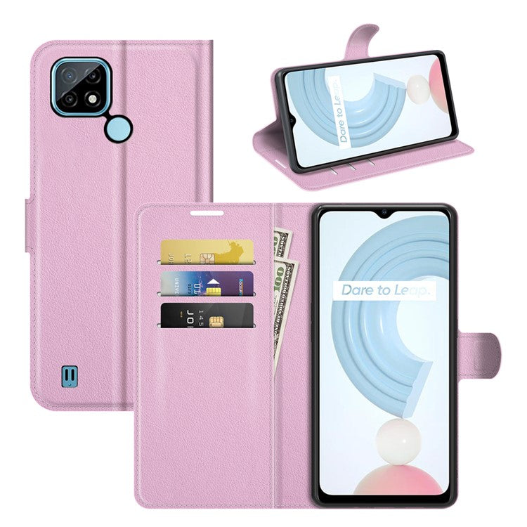 Wallet Design Litchi Texture Leather Phone Case Folio Flip Cover with Stand for Realme C21 - Pink