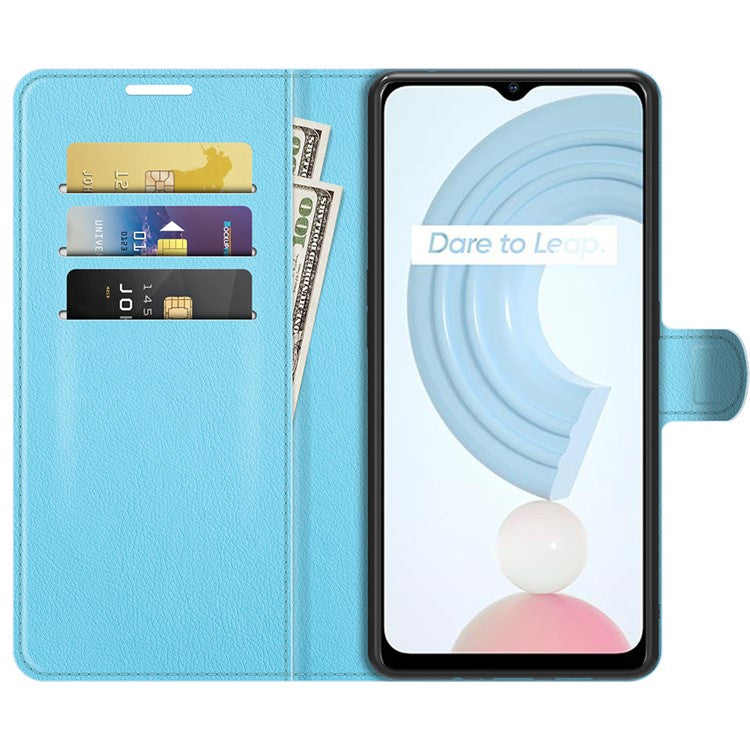 Wallet Design Litchi Texture Leather Phone Case Folio Flip Cover with Stand for Realme C21 - Blue