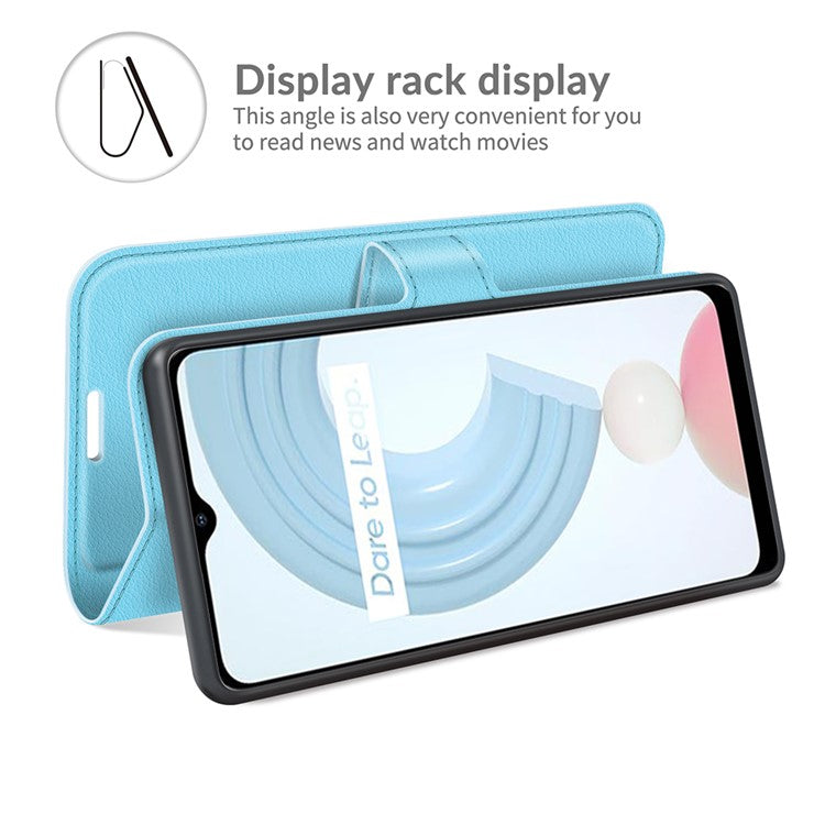 Wallet Design Litchi Texture Leather Phone Case Folio Flip Cover with Stand for Realme C21 - Blue