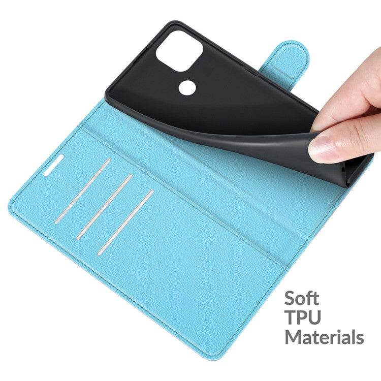 Wallet Design Litchi Texture Leather Phone Case Folio Flip Cover with Stand for Realme C21 - Blue