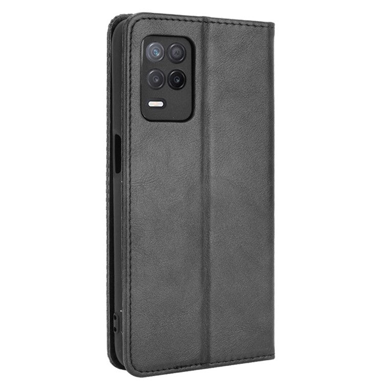 Vintage Style Phone Case Wallet Stand Magnetic Closure Leather Cover for Realme 8 5G/V13 5G/Narzo 30 5G - Black