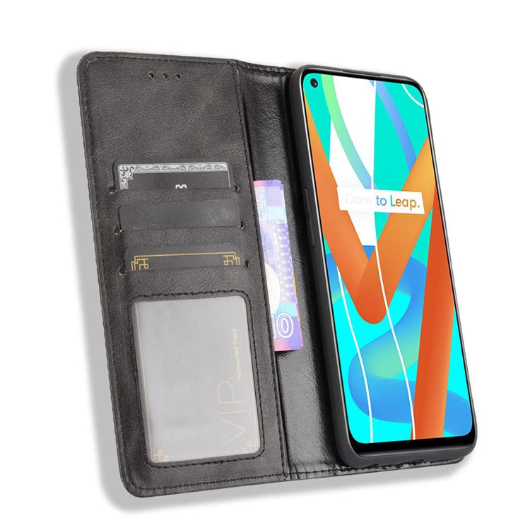 Vintage Style Phone Case Wallet Stand Magnetic Closure Leather Cover for Realme 8 5G/V13 5G/Narzo 30 5G - Black