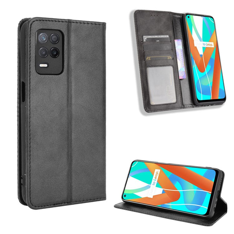 Vintage Style Phone Case Wallet Stand Magnetic Closure Leather Cover for Realme 8 5G/V13 5G/Narzo 30 5G - Black