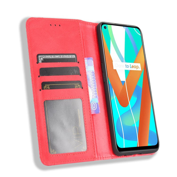 Vintage Style Phone Case Wallet Stand Magnetic Closure Leather Cover for Realme 8 5G/V13 5G/Narzo 30 5G - Red