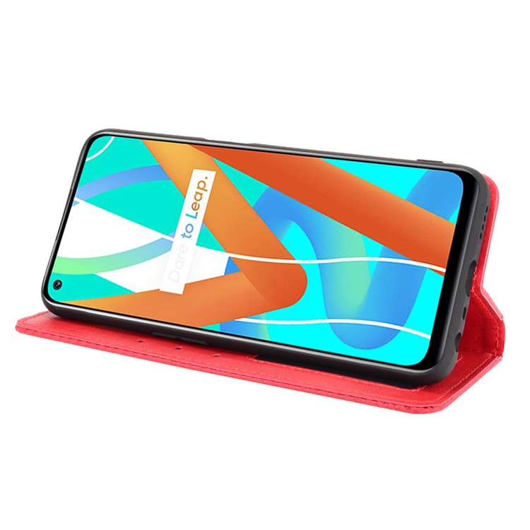 Vintage Style Phone Case Wallet Stand Magnetic Closure Leather Cover for Realme 8 5G/V13 5G/Narzo 30 5G - Red