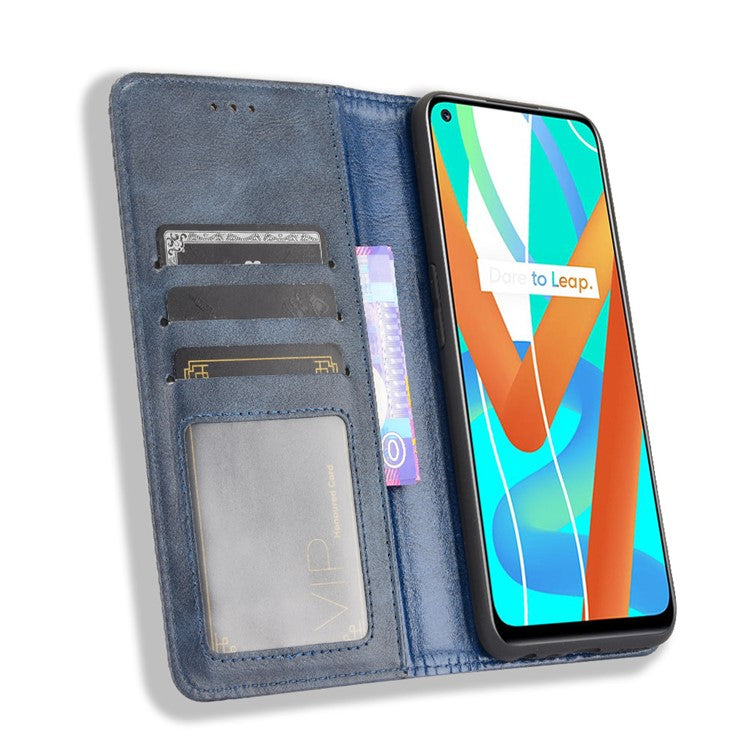 Vintage Style Phone Case Wallet Stand Magnetic Closure Leather Cover for Realme 8 5G/V13 5G/Narzo 30 5G - Blue