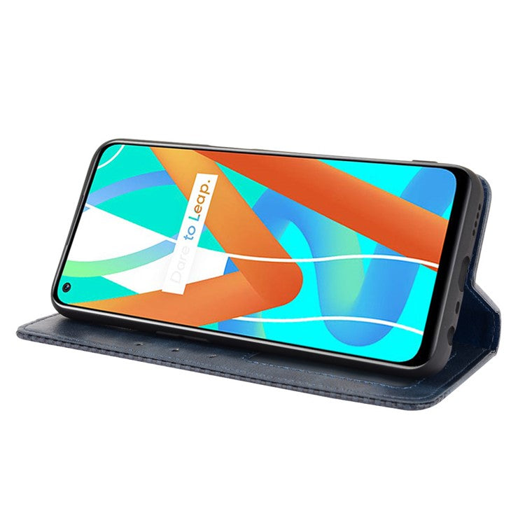 Vintage Style Phone Case Wallet Stand Magnetic Closure Leather Cover for Realme 8 5G/V13 5G/Narzo 30 5G - Blue