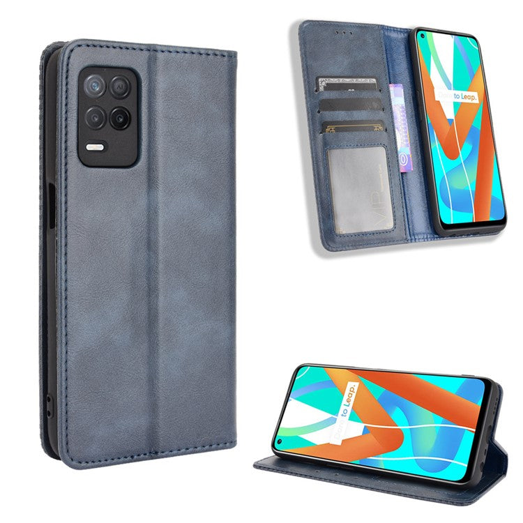 Vintage Style Phone Case Wallet Stand Magnetic Closure Leather Cover for Realme 8 5G/V13 5G/Narzo 30 5G - Blue