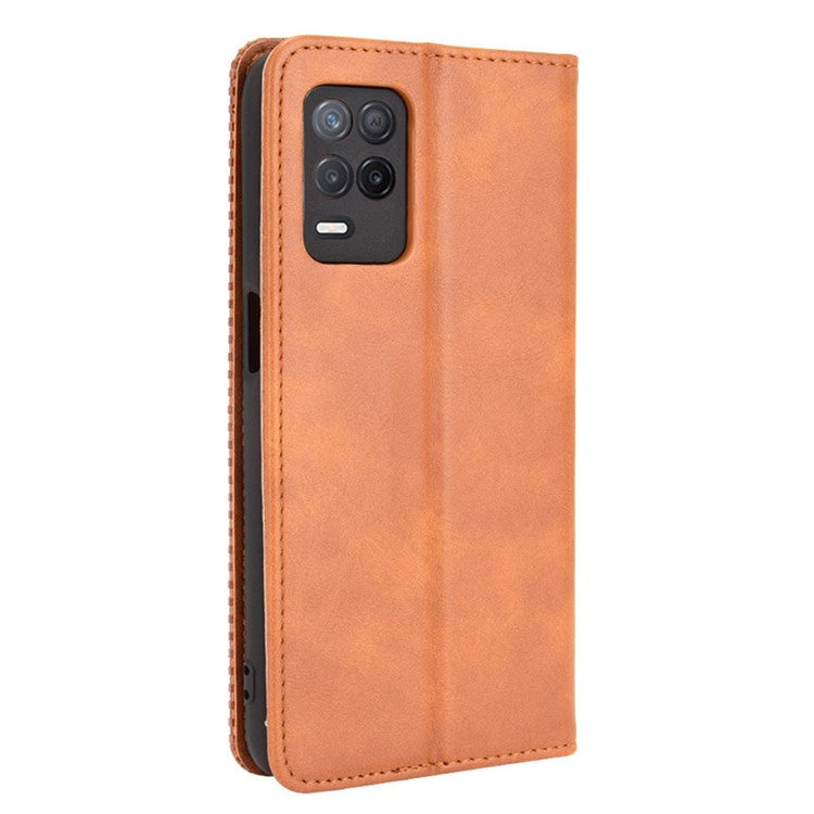 Vintage Style Phone Case Wallet Stand Magnetic Closure Leather Cover for Realme 8 5G/V13 5G/Narzo 30 5G - Brown