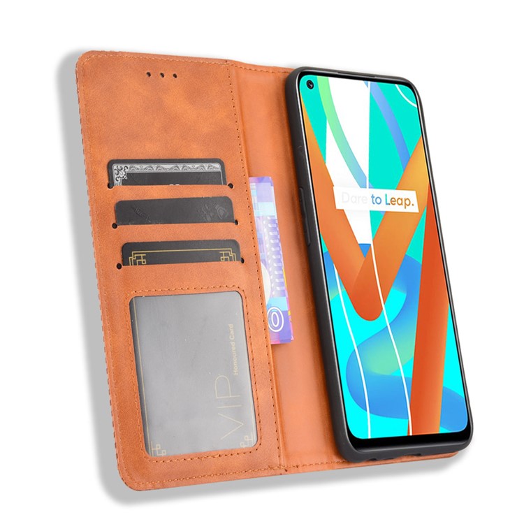 Vintage Style Phone Case Wallet Stand Magnetic Closure Leather Cover for Realme 8 5G/V13 5G/Narzo 30 5G - Brown