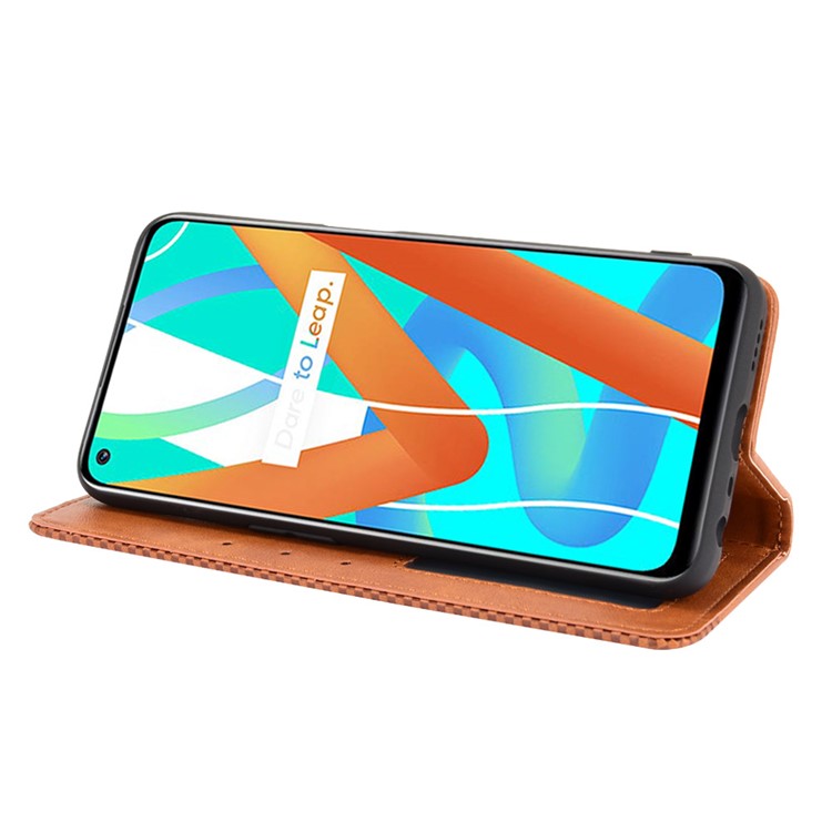 Vintage Style Phone Case Wallet Stand Magnetic Closure Leather Cover for Realme 8 5G/V13 5G/Narzo 30 5G - Brown