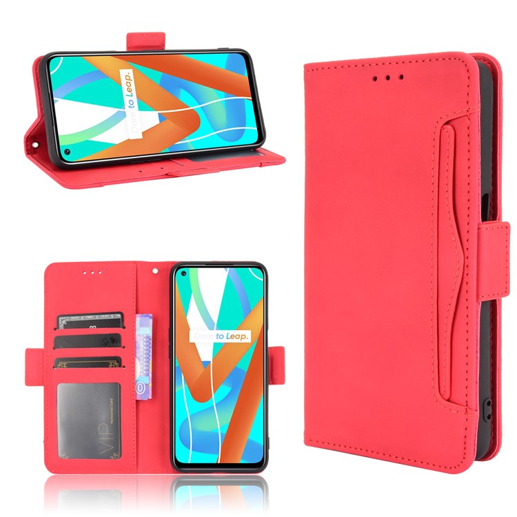 Multiple Card Slots Design Wallet Stand Leather Phone Case for Realme 8 5G/V13 5G/Narzo 30 5G - Red