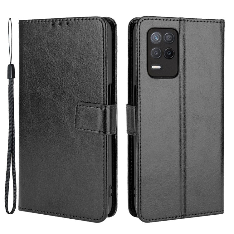 Crazy Horse Skin with Wallet Stand Leather Shell with Strap for Realme 8 5G/V13 5G/Narzo 30 5G - Black