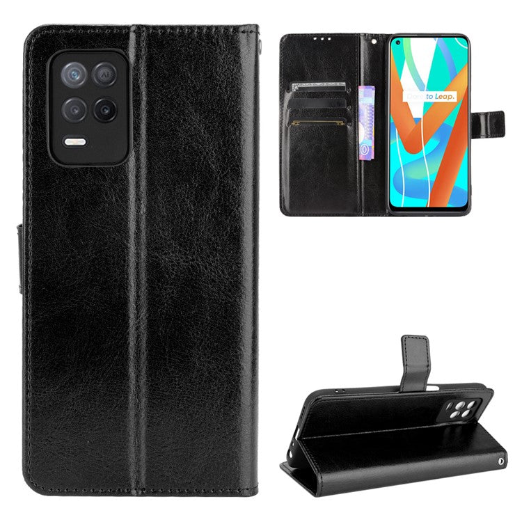 Crazy Horse Skin with Wallet Stand Leather Shell with Strap for Realme 8 5G/V13 5G/Narzo 30 5G - Black