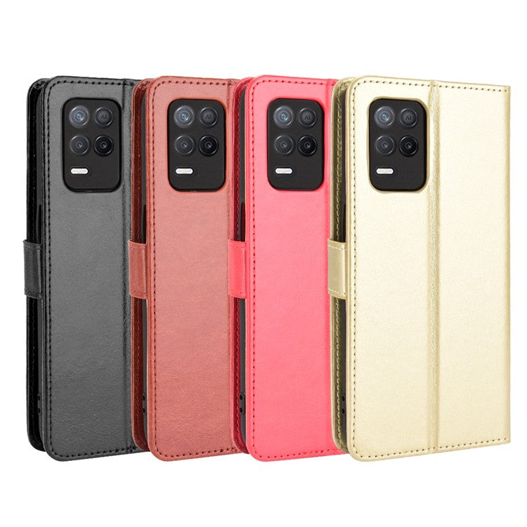 Crazy Horse Skin with Wallet Stand Leather Shell with Strap for Realme 8 5G/V13 5G/Narzo 30 5G - Black