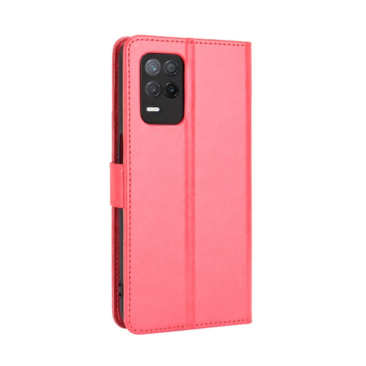 Crazy Horse Skin with Wallet Stand Leather Shell with Strap for Realme 8 5G/V13 5G/Narzo 30 5G - Red
