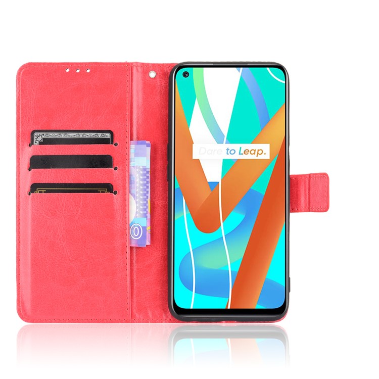 Crazy Horse Skin with Wallet Stand Leather Shell with Strap for Realme 8 5G/V13 5G/Narzo 30 5G - Red