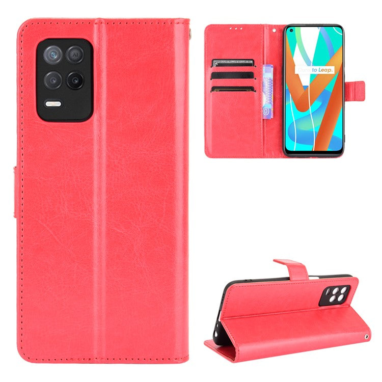 Crazy Horse Skin with Wallet Stand Leather Shell with Strap for Realme 8 5G/V13 5G/Narzo 30 5G - Red