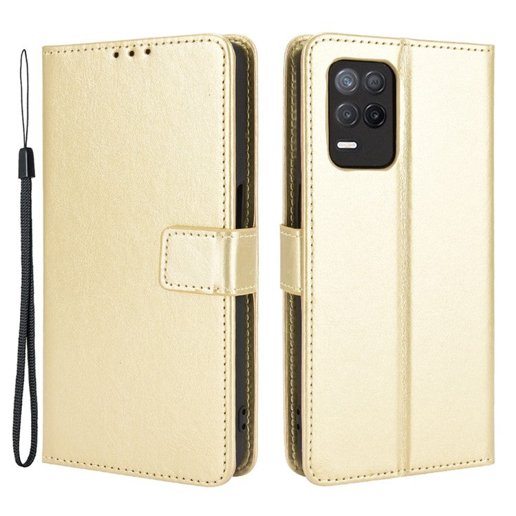 Crazy Horse Skin with Wallet Stand Leather Shell with Strap for Realme 8 5G/V13 5G/Narzo 30 5G - Gold