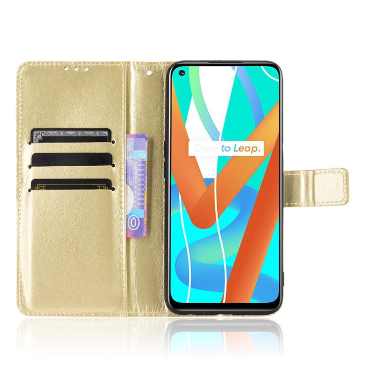 Crazy Horse Skin with Wallet Stand Leather Shell with Strap for Realme 8 5G/V13 5G/Narzo 30 5G - Gold