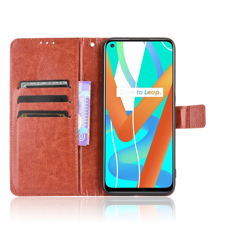 Crazy Horse Skin with Wallet Stand Leather Shell with Strap for Realme 8 5G/V13 5G/Narzo 30 5G - Brown